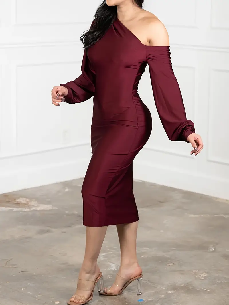 Women'S Clothing, Fashionable Dresses for Women, Lantern Sleeves, One-Shoulder Long-Sleeve Dress, Solid Color Fitted Midi Dress, Elegant Bodycon Dress Women'S Clothing, Fashionable Dresses for Women, Lantern Sleeves, One-Shoulder Long-Sleeve Dress, Solid Color Fitted Midi Dress, Elegant Bodycon Dress