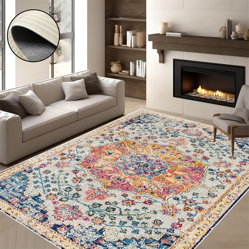 

1pc, Area Rugs For Bedroom Machine Washable Living Room Rugs Vintage Print Floral Medallion Distressed Brick Large Dining Room Rug, Non Slip Ultra-thin Rug