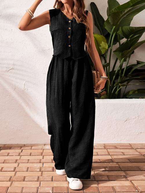 damen 2-teiliges freizeit-set in einfarbig, ohne ärmel, mit knopfleiste vorne, hemd hose, frühling/herbst-mode, elegant einzigartig