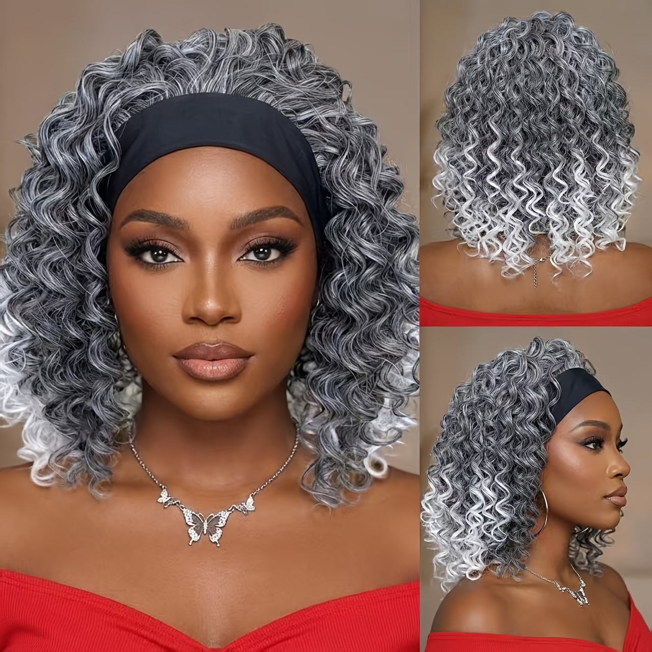 Perruque Courte Bouclée Grise Headband Wig - Bonnet Classique - Synthétique - Neuve