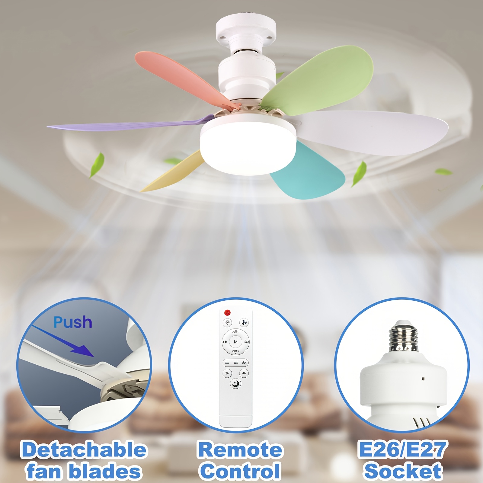 Ventilador de Techo con Luz y Control Remoto, Iluminación LED con Ventilador, 3 Velocidades de Flujo de Aire Silencioso y 3 Temperaturas de Color (3000K-4500K-6500K), Instalación Sin Herramientas + Temporizador, Ventilador de 6 Aspas E26/E27, Ideal para Dormitorio, Sala, Cocina, Garaje, Tiendas y