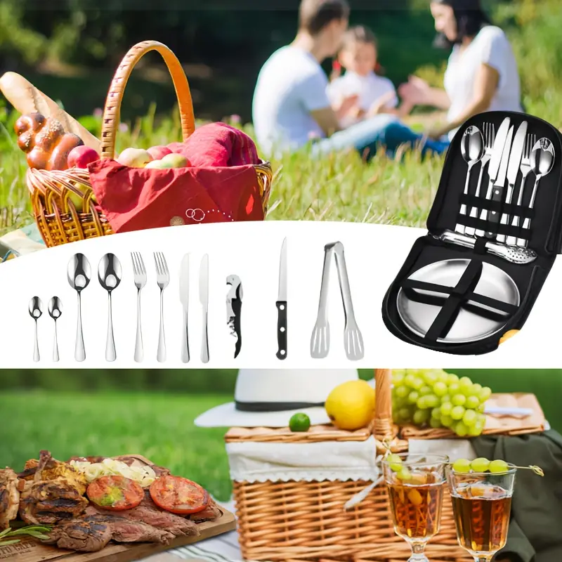 outdoor camping tableware set with box 16pcs stainless steel utensils including dinner knife forks plates soup spoon bottle opener coffee spoon tongs and storage bag reusable and dishwasher safe suitable for outdoor travel picnic camping party meals etc Product details 3
