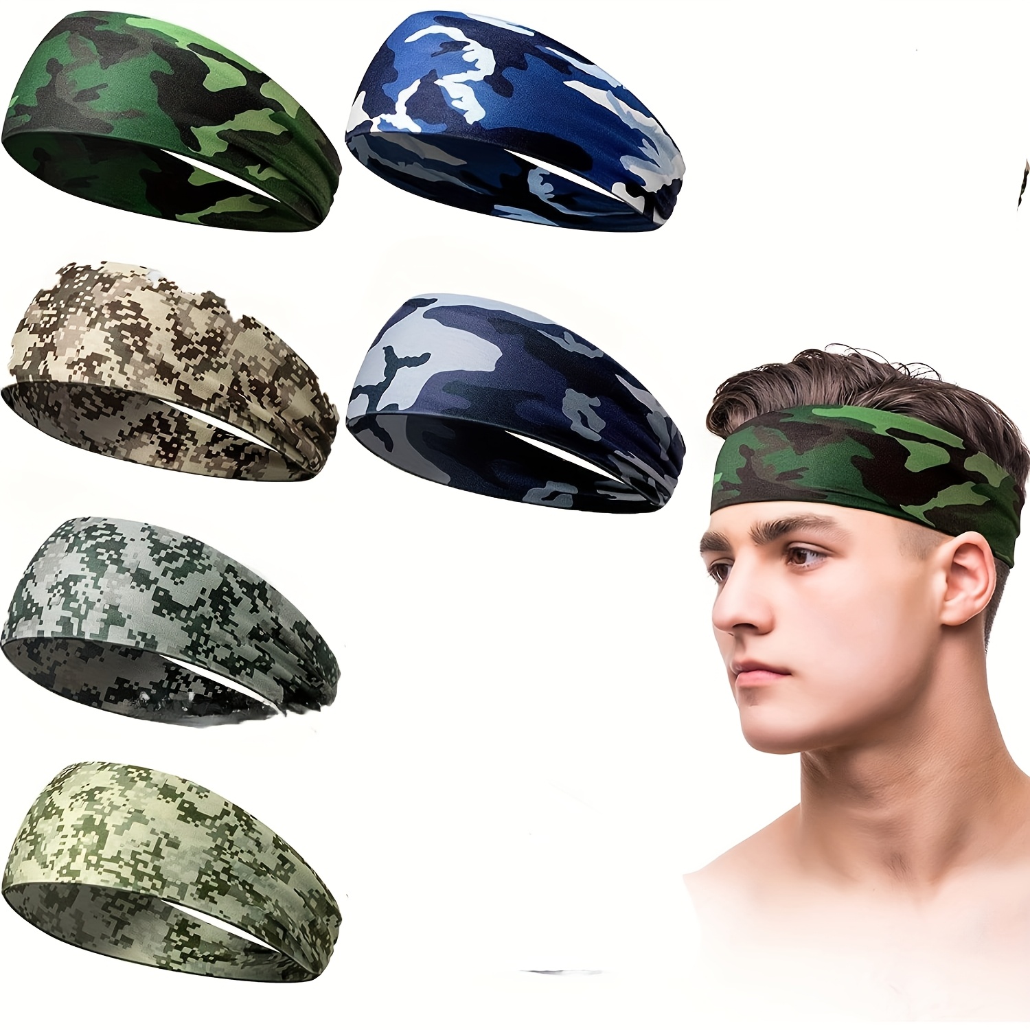 6pcs sweat absorbent sports headbands camouflage solid colors non slip   fit for running yoga and fitness enthusiasts