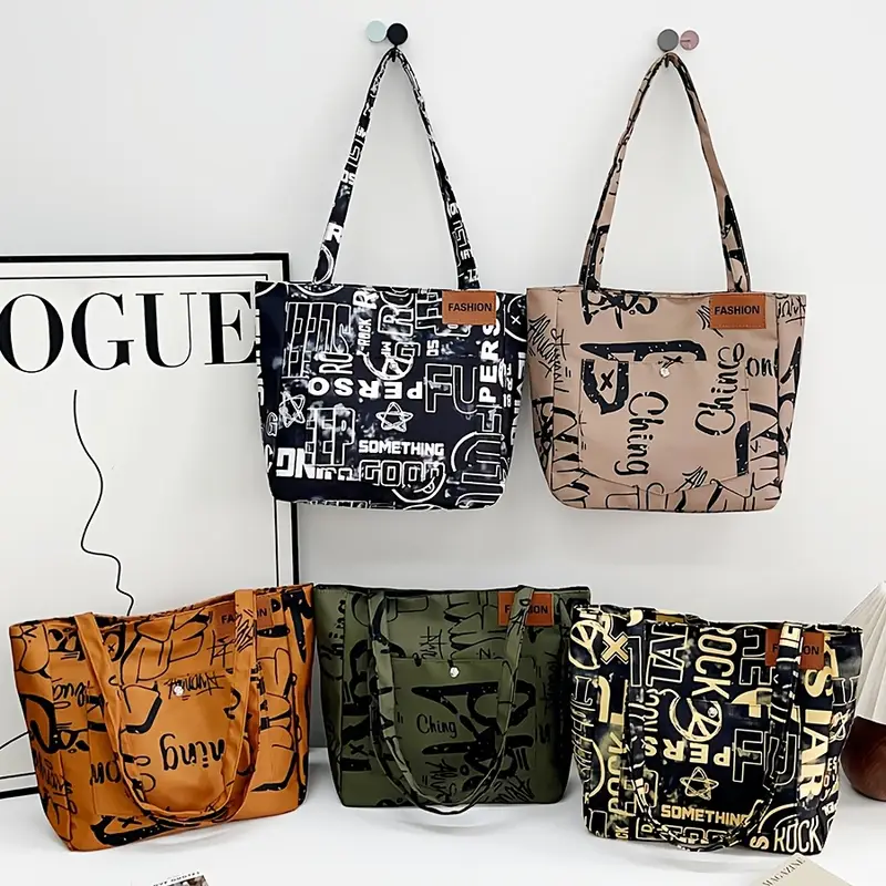 1pc steampunk style oxford cloth tote bag fashion shoulder bag with fixed straps foldable with magnetic closure polyester lined large capacity graffiti letter print shopper details 1