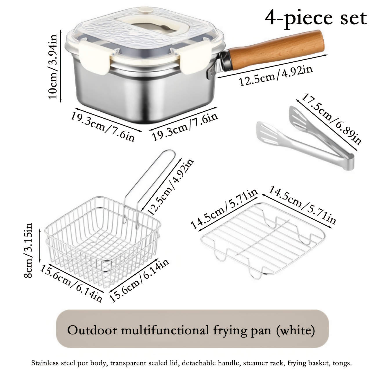 TEMU 4pcs Set Multi-functional Stainless Steel Fryer, Food Storage Container, Square Design, Wooden Handle - Pot, Frying, Steaming Buns, Soup Pot,