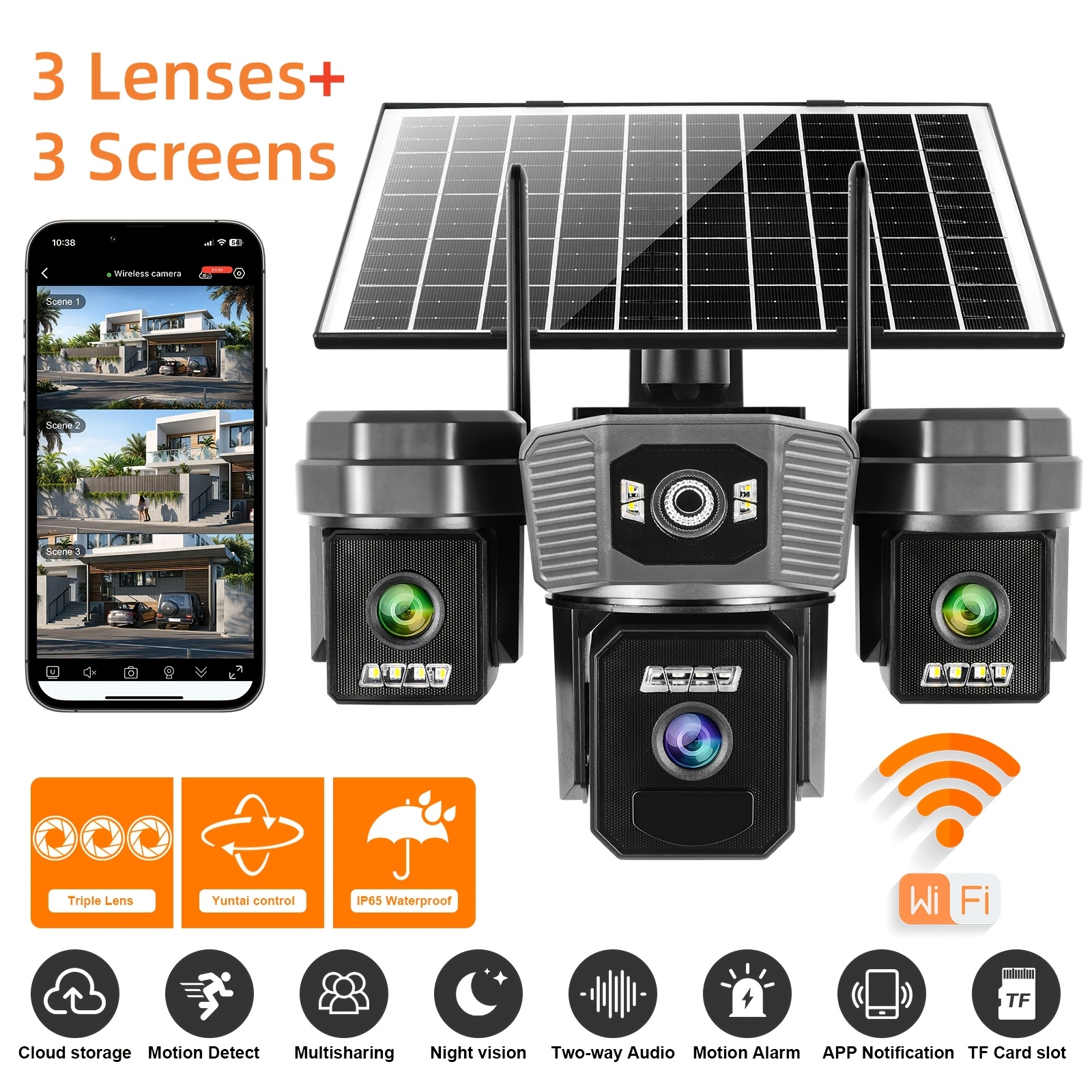 TEMU 3-lens Outdoor Wireless Solar Security Camera, Wifi Ptz Home Surveillance Camera, , Battery-powered, Color Night Vision, Audio, Motion Detection