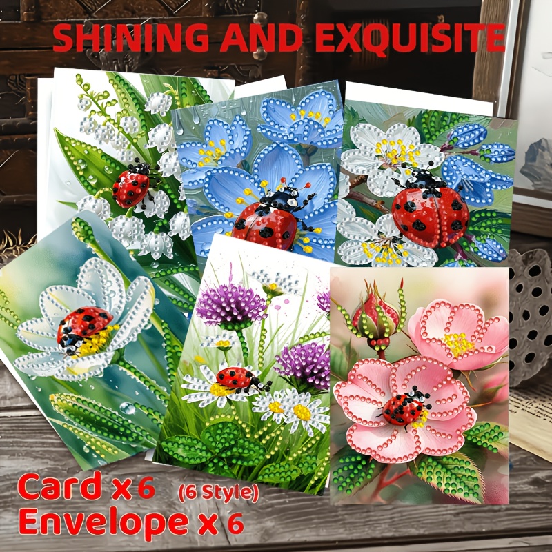 TEMU 2d Flat-printed Set Of 6 Original New Ladybug And Floral Themed Greeting Cards, Including 6 Cards, 6 Envelopes, A Rhinestone Pouch, And A Tool