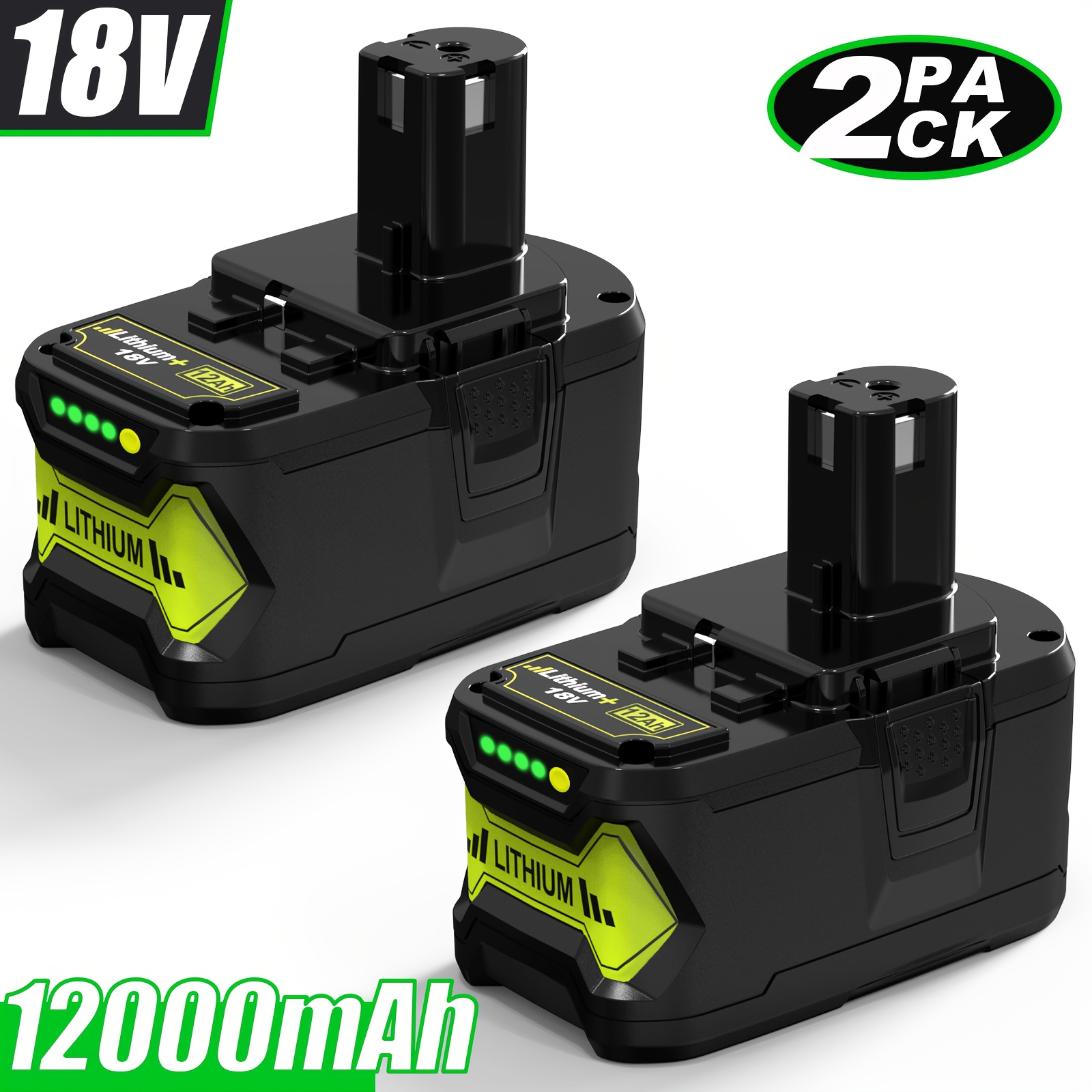 TEMU 2-pack, Lithium-ion 12.0ah Batteries For Ryobi 18v Cordless Tools P108 P107 P105 P104 Replacement For Ryobi 12000mah Battery