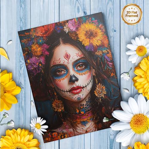 item picture 2d flat 1pc framed 2d canvas painting sugar skull with floral headdress colorful suitable for living room bedroom dining room office bar decoration