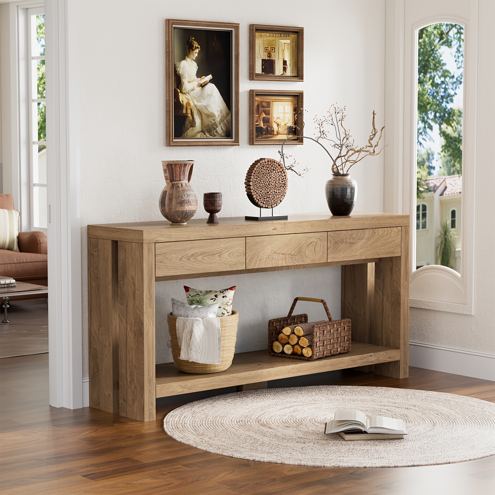 Image of Narrow Entryway Table With 3 Drawers, 140cm Long, Entryway Table, Sofa Table, 29.5cm Wide Hallway Table, Farmhouse Style, Suitable For Living Room, Hallway, Foyer