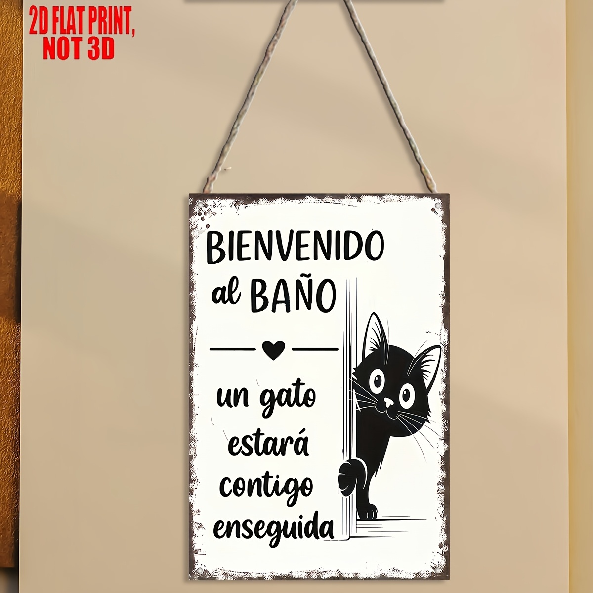 TEMU 2D, Letrero de madera vintage español divertido para decoración de baño - Con diseño de gato asomándose, adecuado como de pared, regalo o