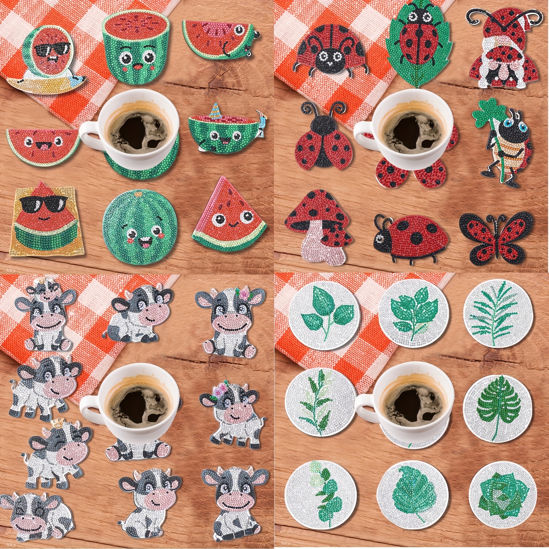 

10pcs Diamond Painting Coaster Set - Diy Craft Kit For Beginners, Featuring Watermelon, Cow, Ladybug &