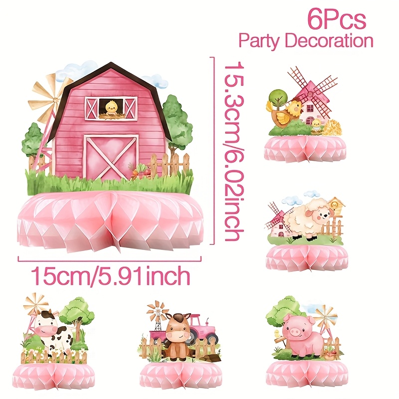 Image of 6pcs, Farm Animal Theme Pink Honeycomb Set, Birthday Dining Table Centerpieces, Farm Animal Tabletop Ornaments, Birthday Party Supplies, For Birthday, Baby Shower