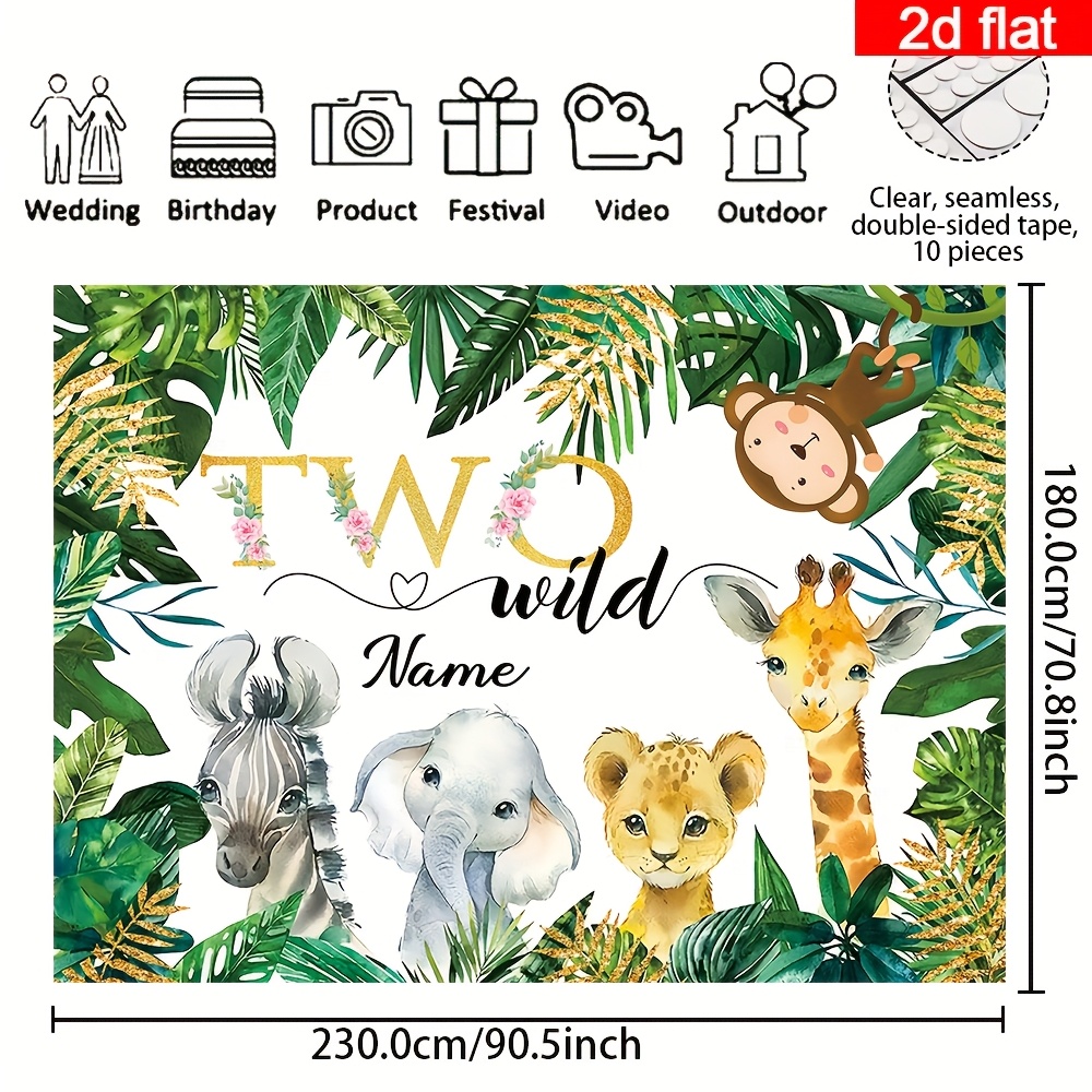 TEMU 2D platte banner, 1 stuk Aanpasbare Naam 2e Verjaardagsbanner, Polyester Tropisch Bos Groene Bladeren Cartoon Wildlife Fotografie Achtergrond,