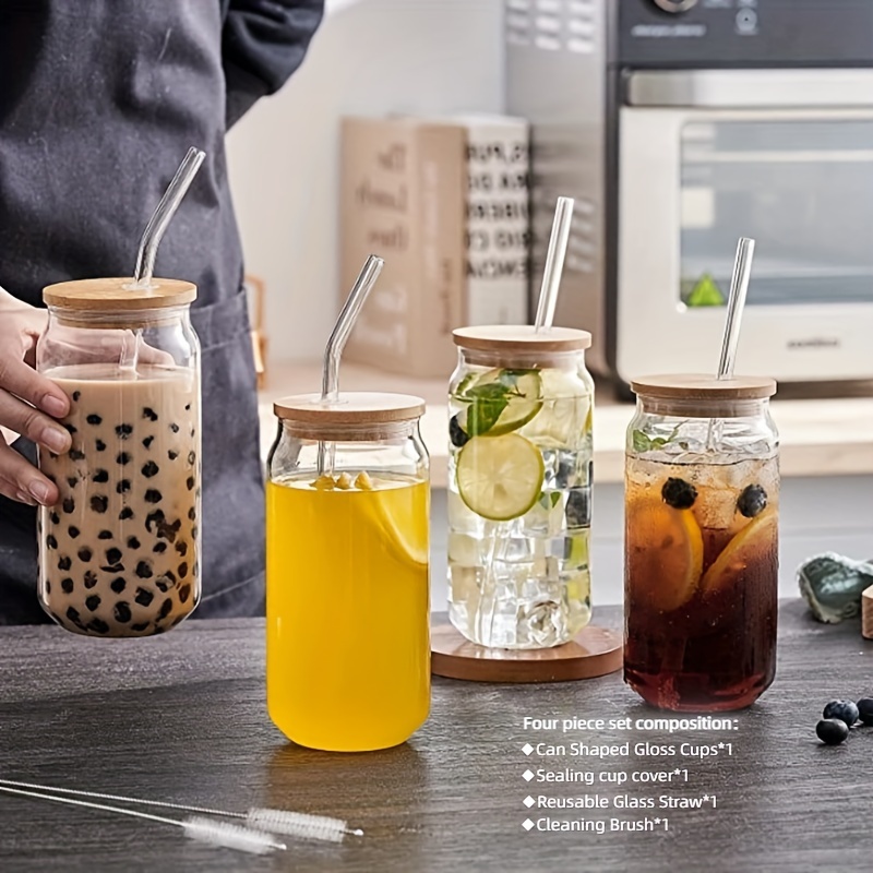Drinking Glasses with Bamboo Lids and Glass Straw 4pcs Set - 2 Cleaning  Brushes