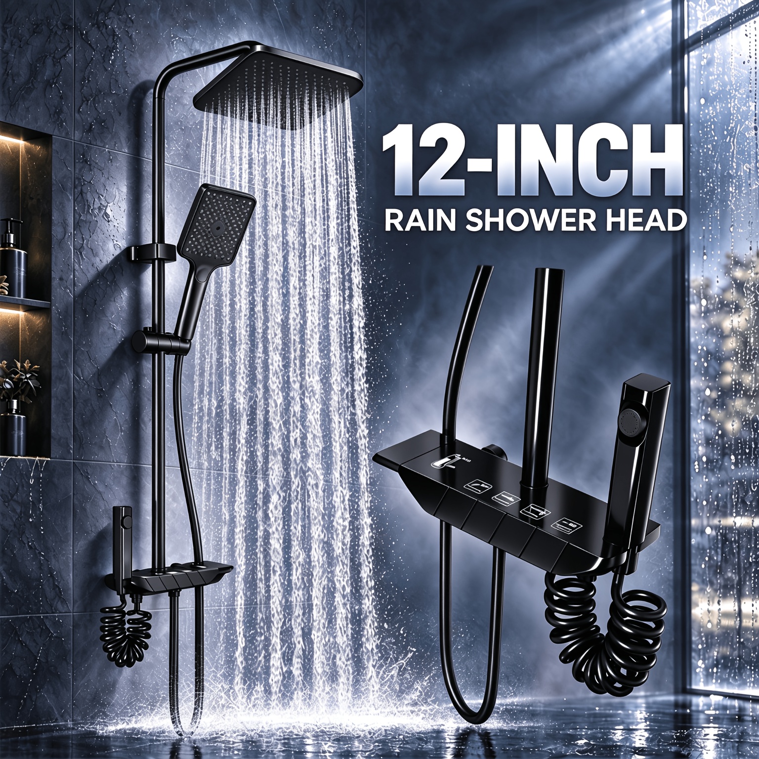 TEMU Système de douche noir avec pomme de douche à effet pluie de 12 pouces et douchette à main, barre de douche réglable en hauteur, ensemble de