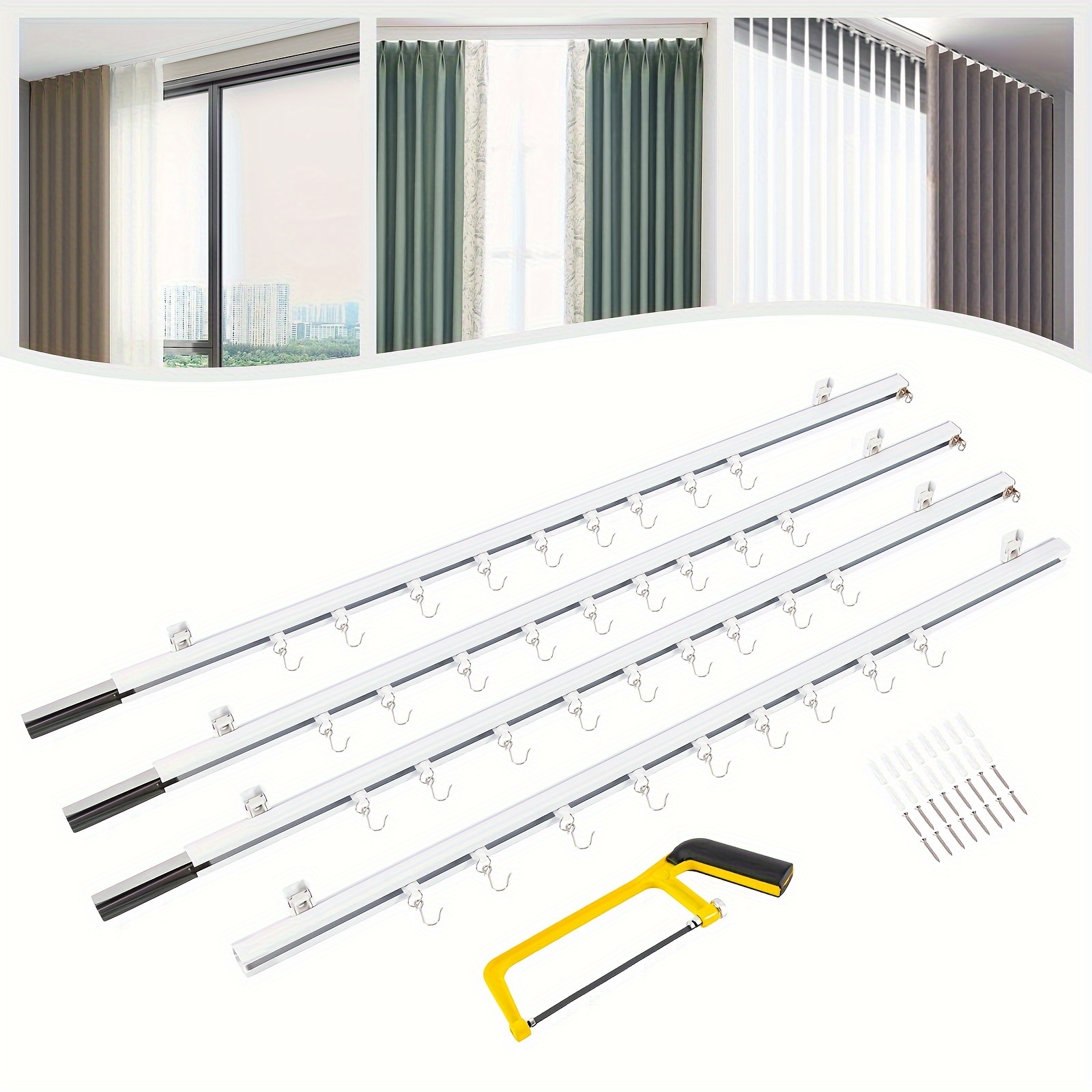 

Ceiling Mount Curtain Track Kit With Hooks, Small Size For Space 9ft-12ft Wide, Scalable