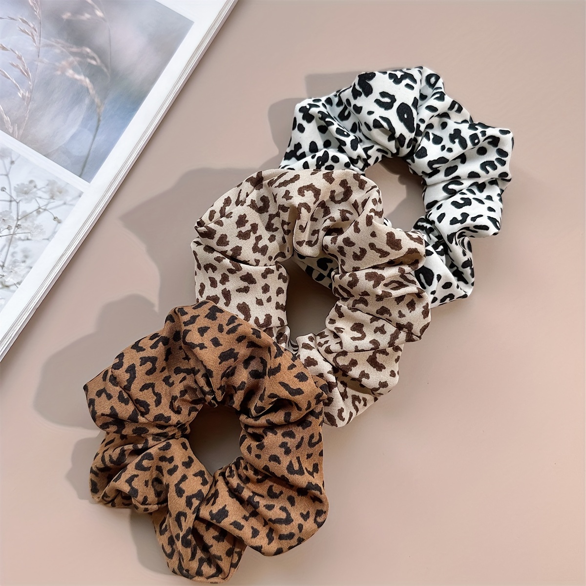 3pcs Boho Chic Leopard Print Scrunchies - Vintage Style Elastic Ponytail Holders For Women, Perfect For Beach & Summer Hairstyles
