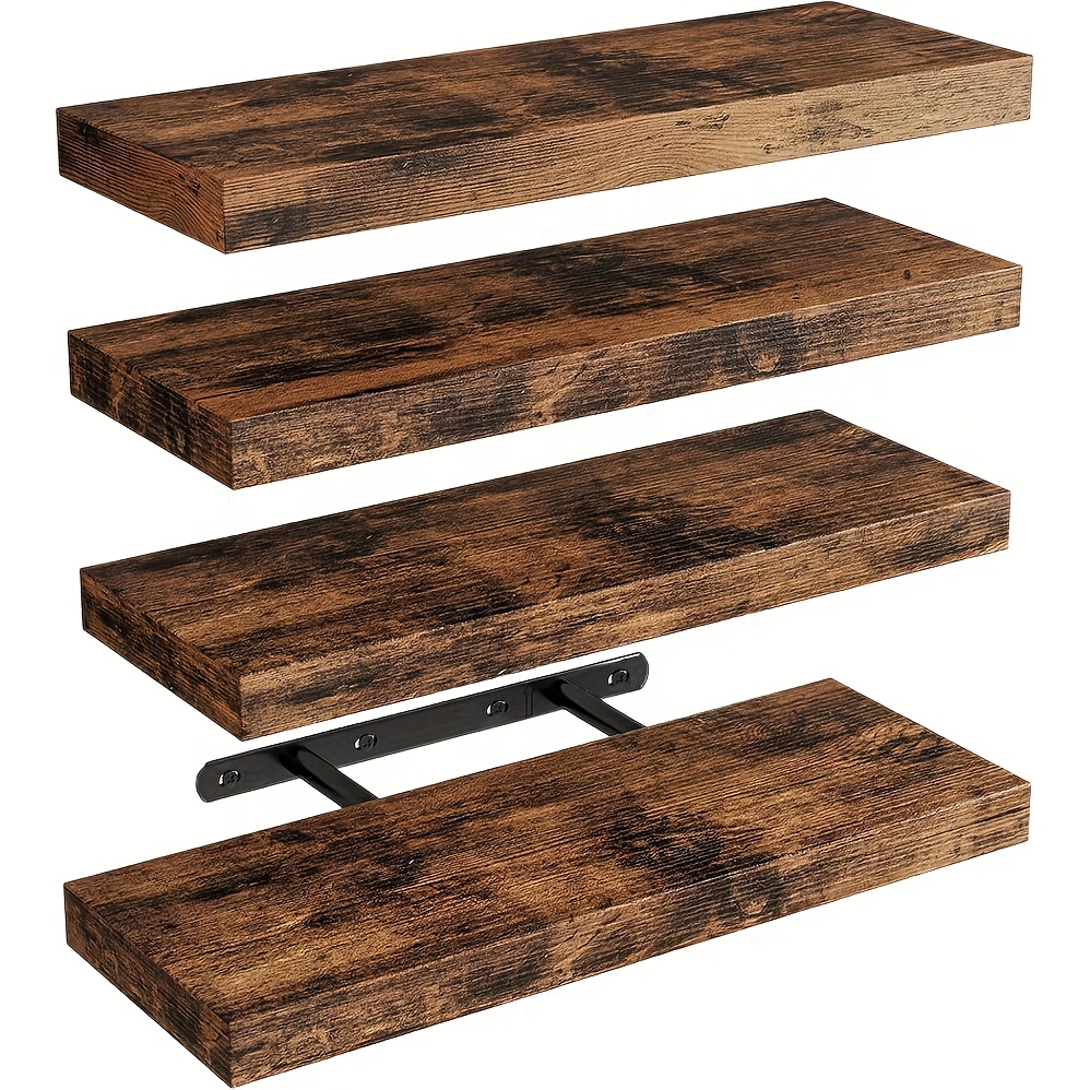 Image of 4pcs Vintage Wooden Floating Shelves Organizer, Wall Mounted Floating Shelf Kit, Rustic Style Hanging Shelves, Space Wall Shelves With Invisible Brackets For Living Room Storage, Floating Shelves