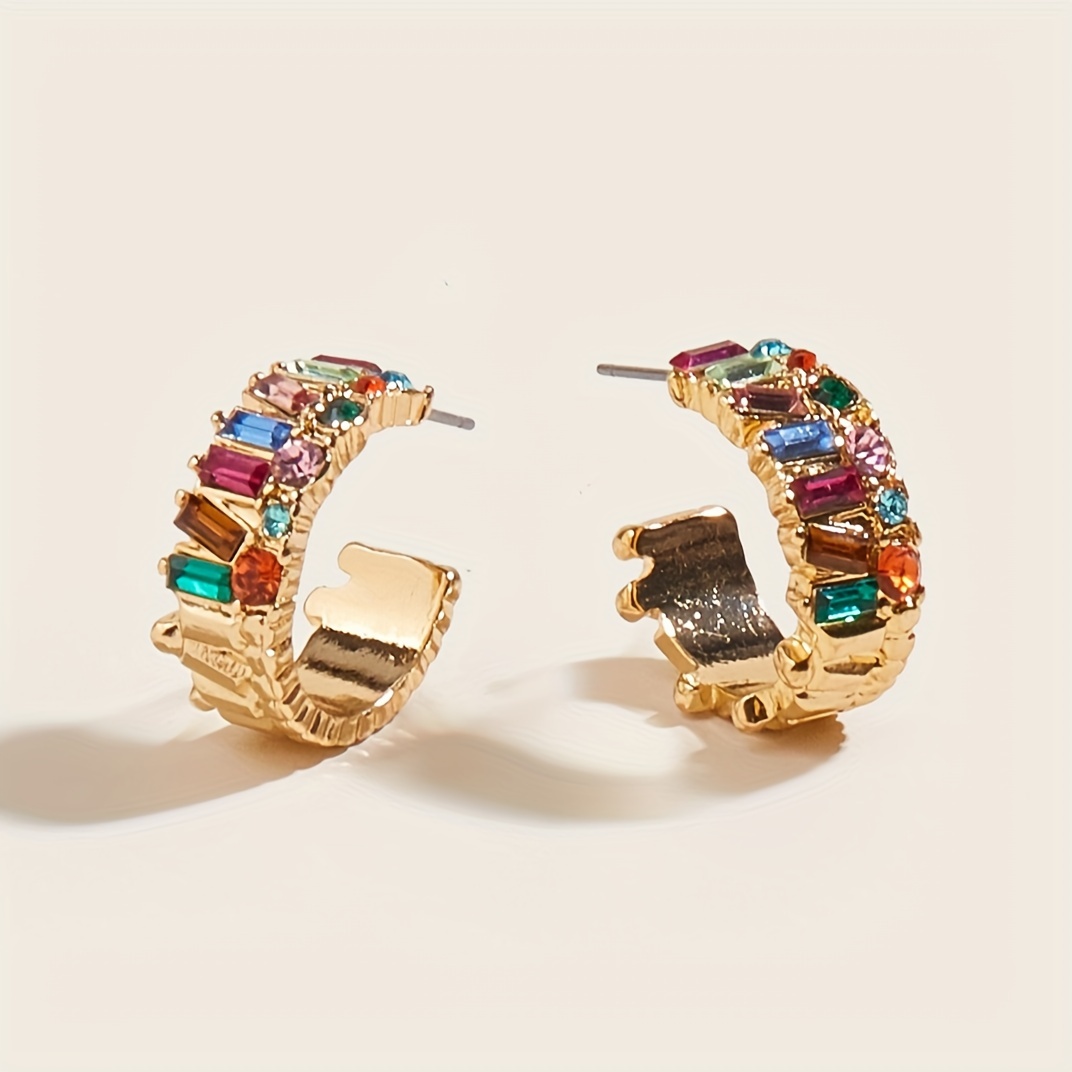 Image of 1 Pair Of Luxurious Rainbow Rhinestone Letter Hoop Earrings - Chic & Simple, Glass Inlay, Alloy With Stainless Steel Posts, Ideal For Daily Wear, Quirky Earrings