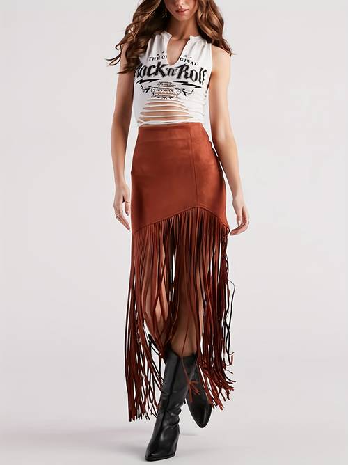 womens western cowgirl fringe bodycon pencil maxi with tassel hem silhouette side for country music festivals boho vacations