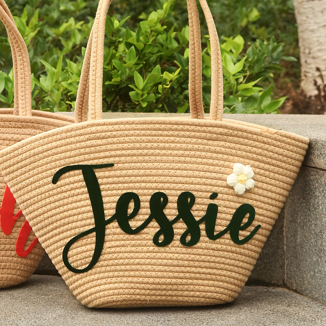 TEMU 1pc Custom Name Boho Beach Tote Bag For Women Personalised Braided Rope Basket Customized Shopping Basket Bag Bags Beach Bags Gifts For Bridal