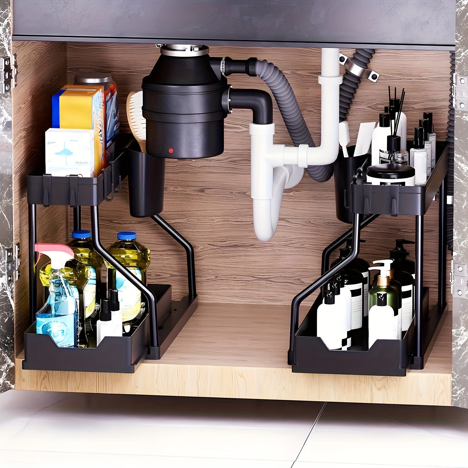 TEMU 2pcs Under Sink Organizer With Sliding Shelves - Durable, Pull Out Cabinet Organizer For Cabinets, Space-saving Organizer, Sleek