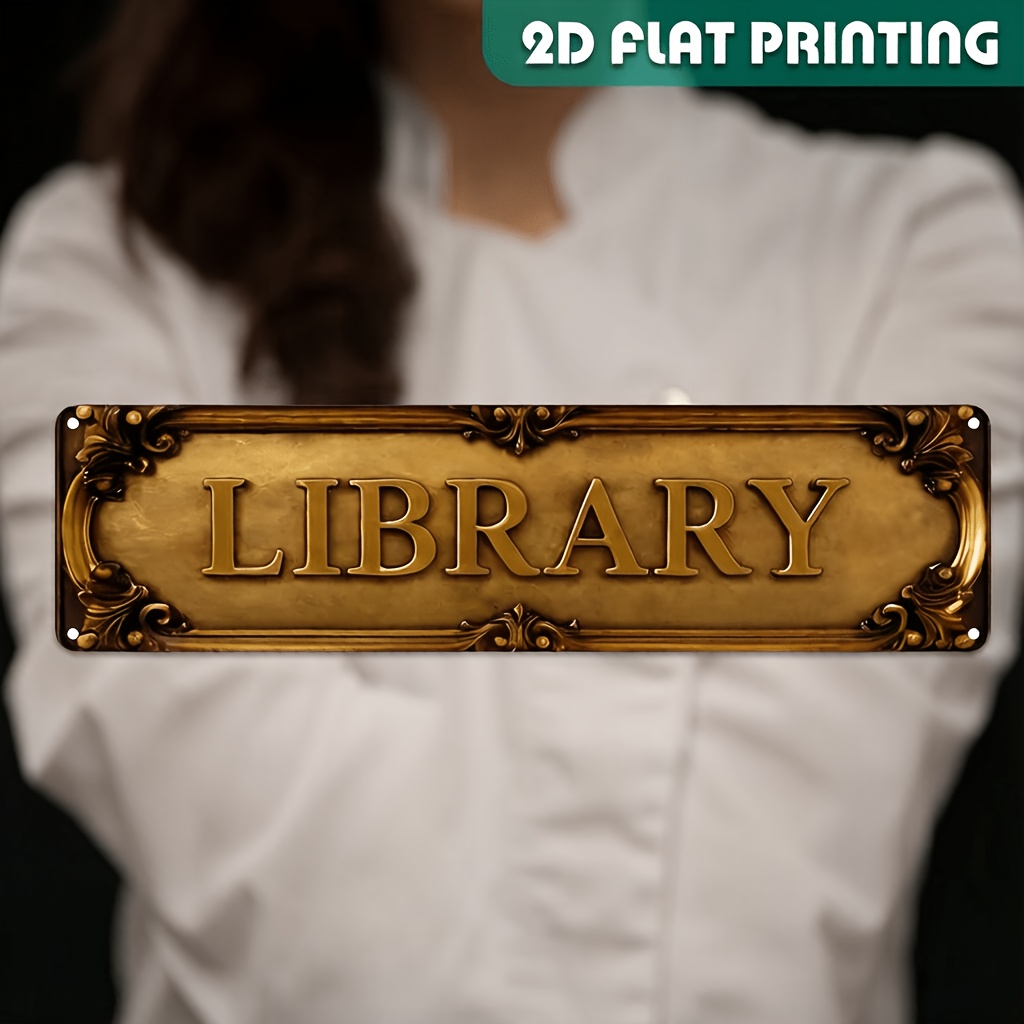TEMU 2d Flat, 1pc Vintage "library" Metal Sign - 2d Flat Print, Aluminum Wall Decor, 39.88x9.91cm, Pre-drilled For Easy Hanging - Ideal For Home,