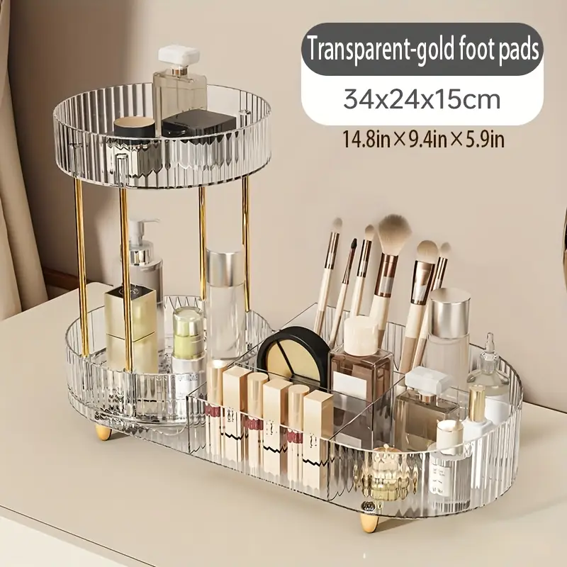2 layer transparent acrylic makeup storage box with transparent golden silvery pad makeup storage rack for dressing table to store skincare products brushes perfume Product details 1