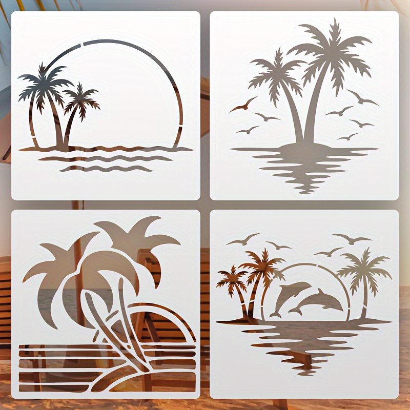 

4 Pack Palm Tree Stencils, 6.3 Inch Reusable Painting Templates For Mats, Floors, Fabrics, Clothing, Furniture, Canvas, Cards - Durable Pet Material In Creamy White