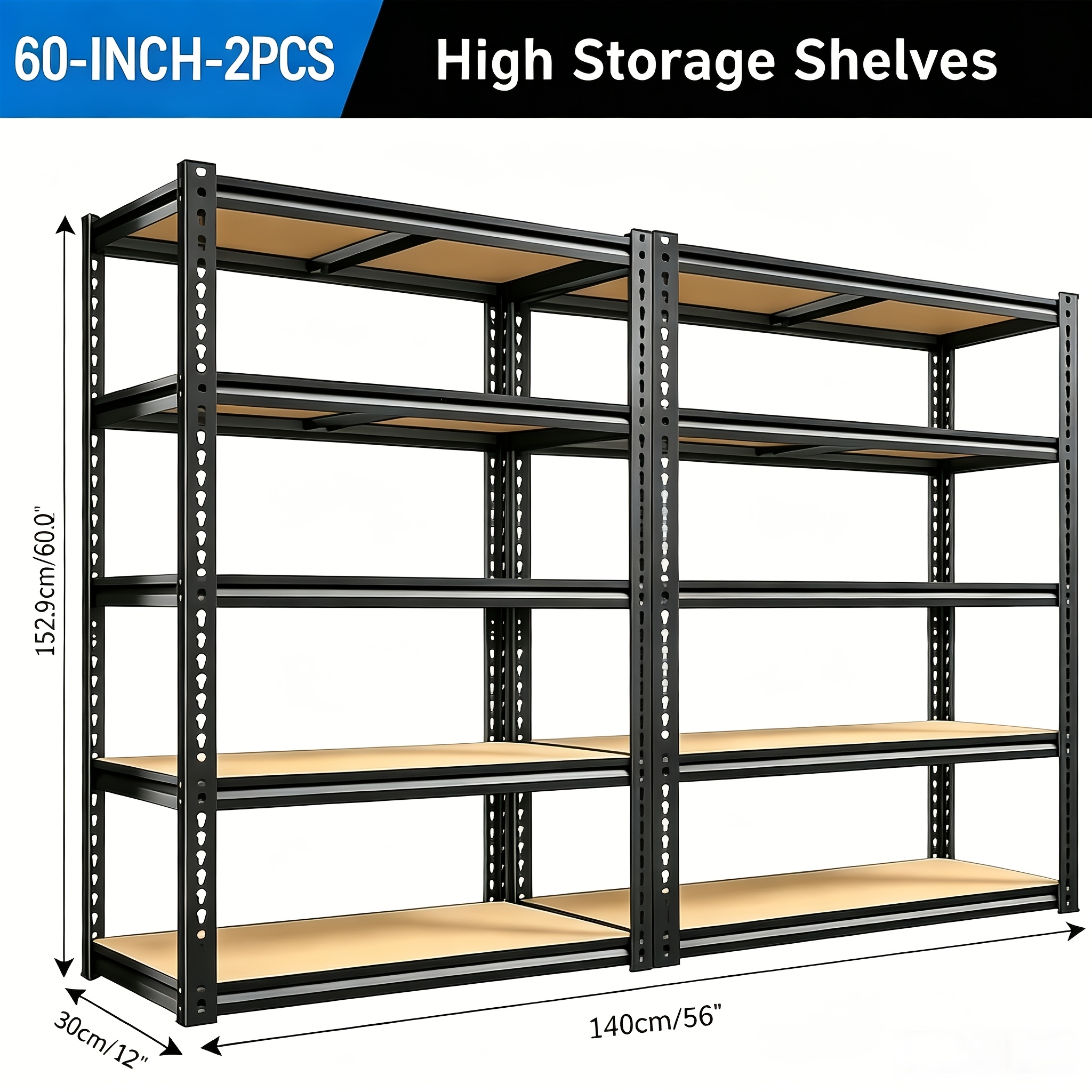 TEMU Lot de 2 étagères de rangement robustes en métal à 5 niveaux, de 900 kg, rayonnage de garage réglable, râtelier de stockage industriel, étagère