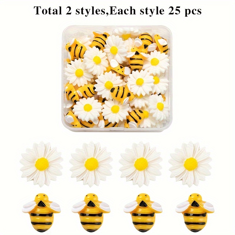 

50pcs Daisy Flower Bee Resin Charms For Jewelry Making