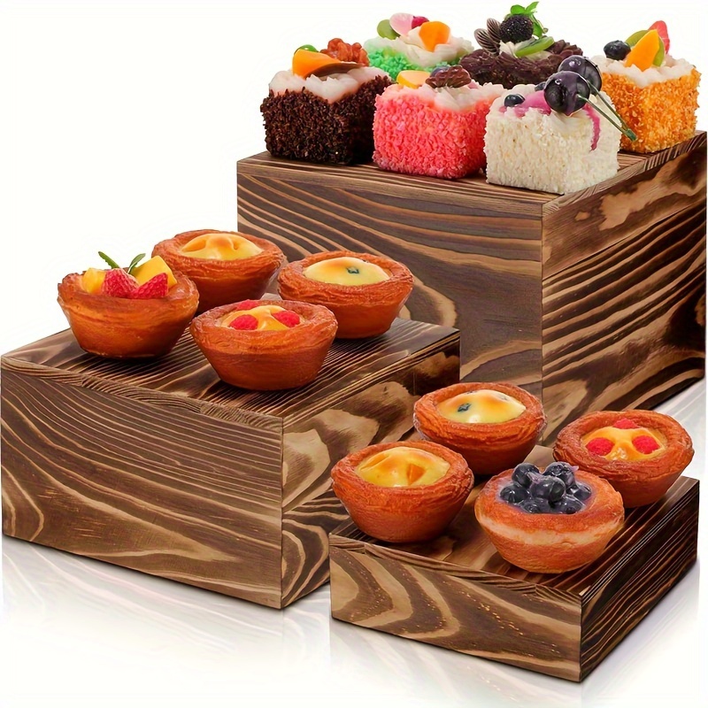 

3 Pcs Wooden Cupcake Stand Stackable Square Display Stand Riser Antique Wooden Display For Dessert Appetizer Storage Organizer Box Baby Shower Birthday Wedding Party