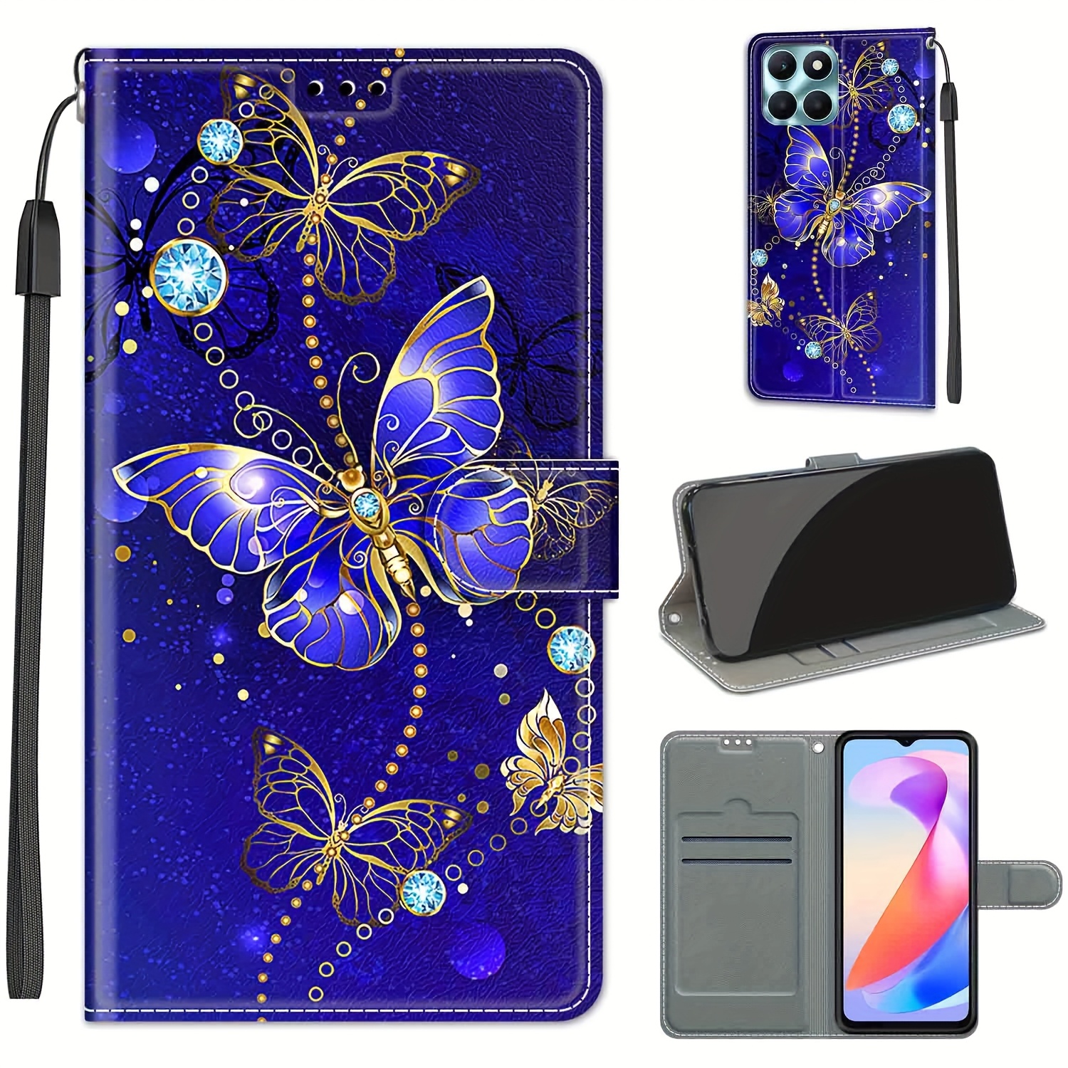 

Étui portefeuille à rabat pour téléphone Honor X6B 4G, antichoc avec emplacements pour cartes et support - Motif papillon