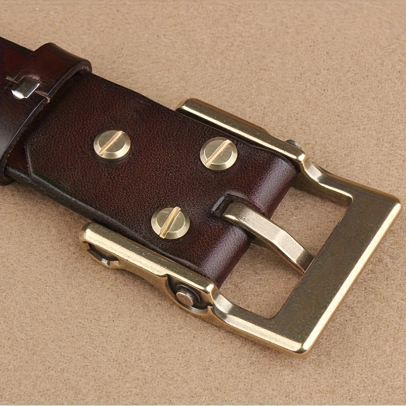 Durable Men's Leather Belt with Brass Square Buckle