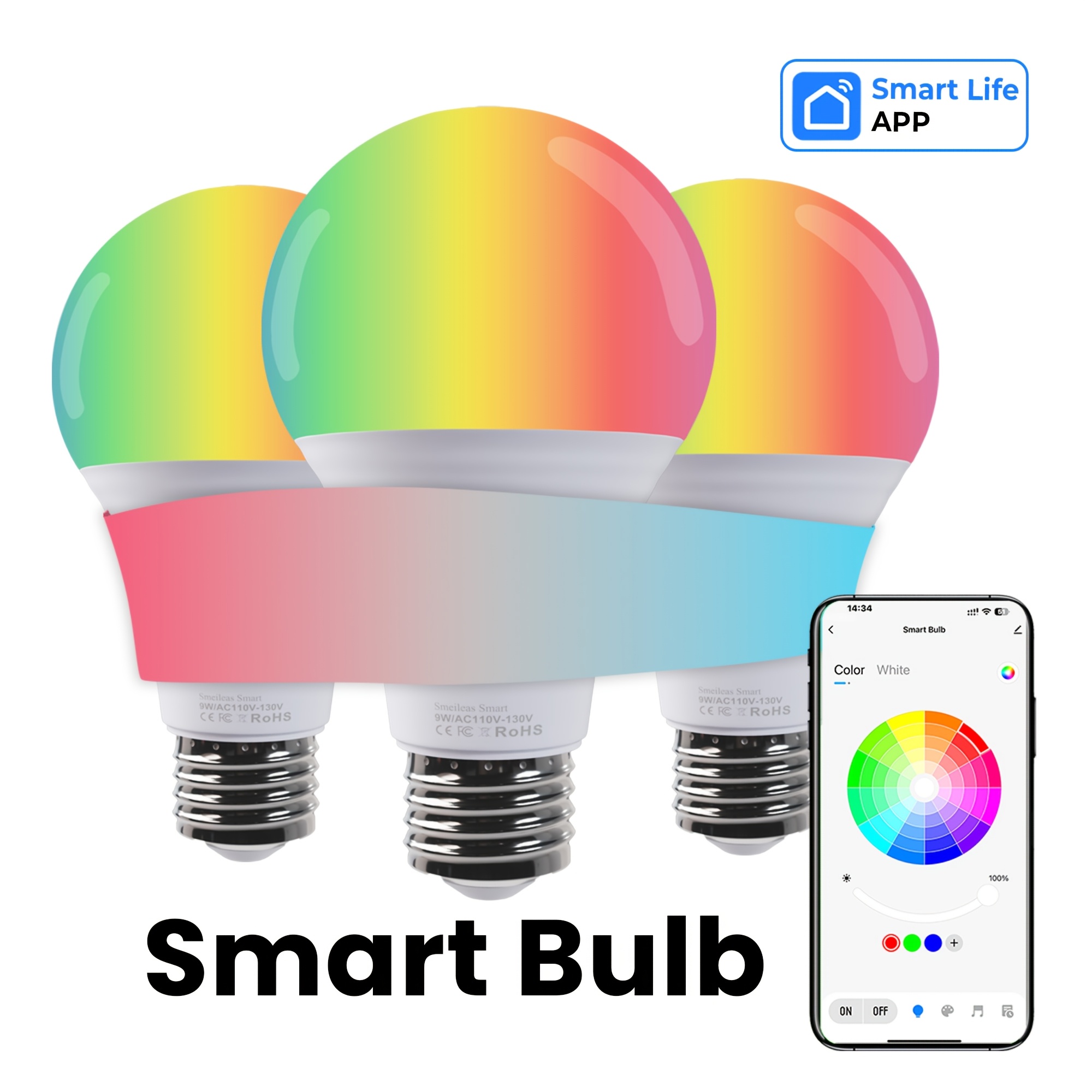 Led Smart Light Bulbs, 1000lm Color Changing Light Bulb, Wireless Connection, Dimmable A19 75w Equivalent Smart Bulbs For Bedroom, Living Room, 3 Pack