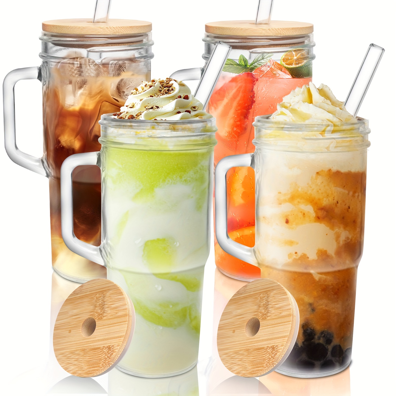 

4-pack 24oz Mason Jar Tumblers With Handles, , Straws, And Cleaning Brush - Dishwasher Safe, Round Glass Drinking Cups For , Iced Coffee, And Beverages