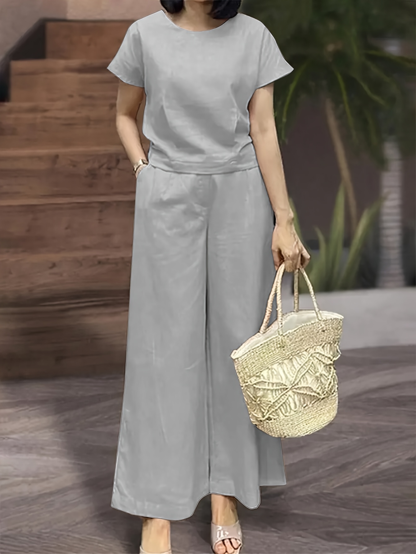 Women'S Elegant Solid Color Short Sleeve Top & Wide Leg Pants Set - Perfect Matching Outfit with Pockets, Crew Neck, Regular Fit for Spring/Summer, Casual Outfit|Elegant Casualwear| Texture