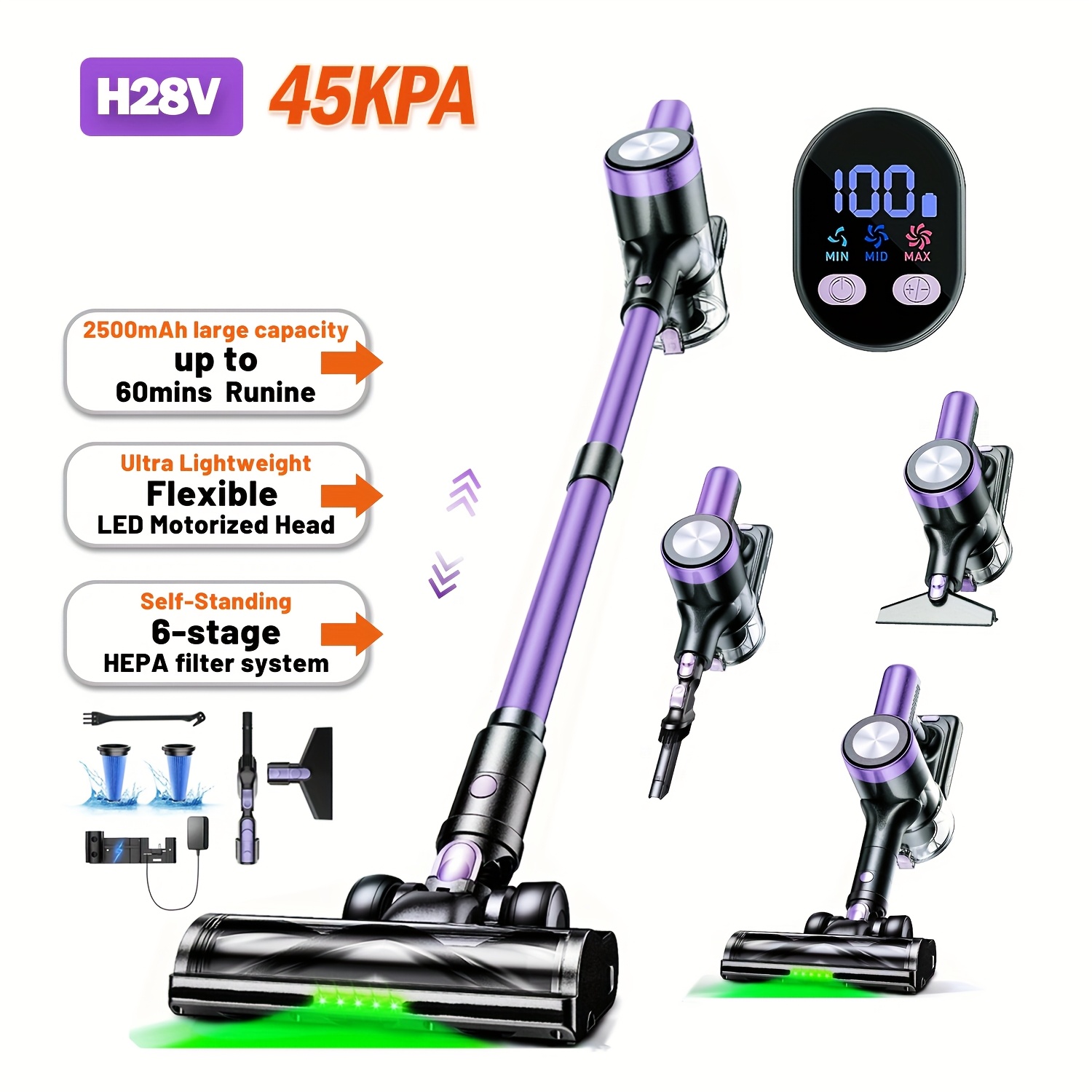 Cordless Vacuum Cleaner, Self-standing, Lightweight Powerful Stick Vacuum Cleaner For Home, 60 &2500mah&wall Mount Charging & Green Led Anti- Floorbrush, For Carpets, Pet Hair, Hardwood Floors
