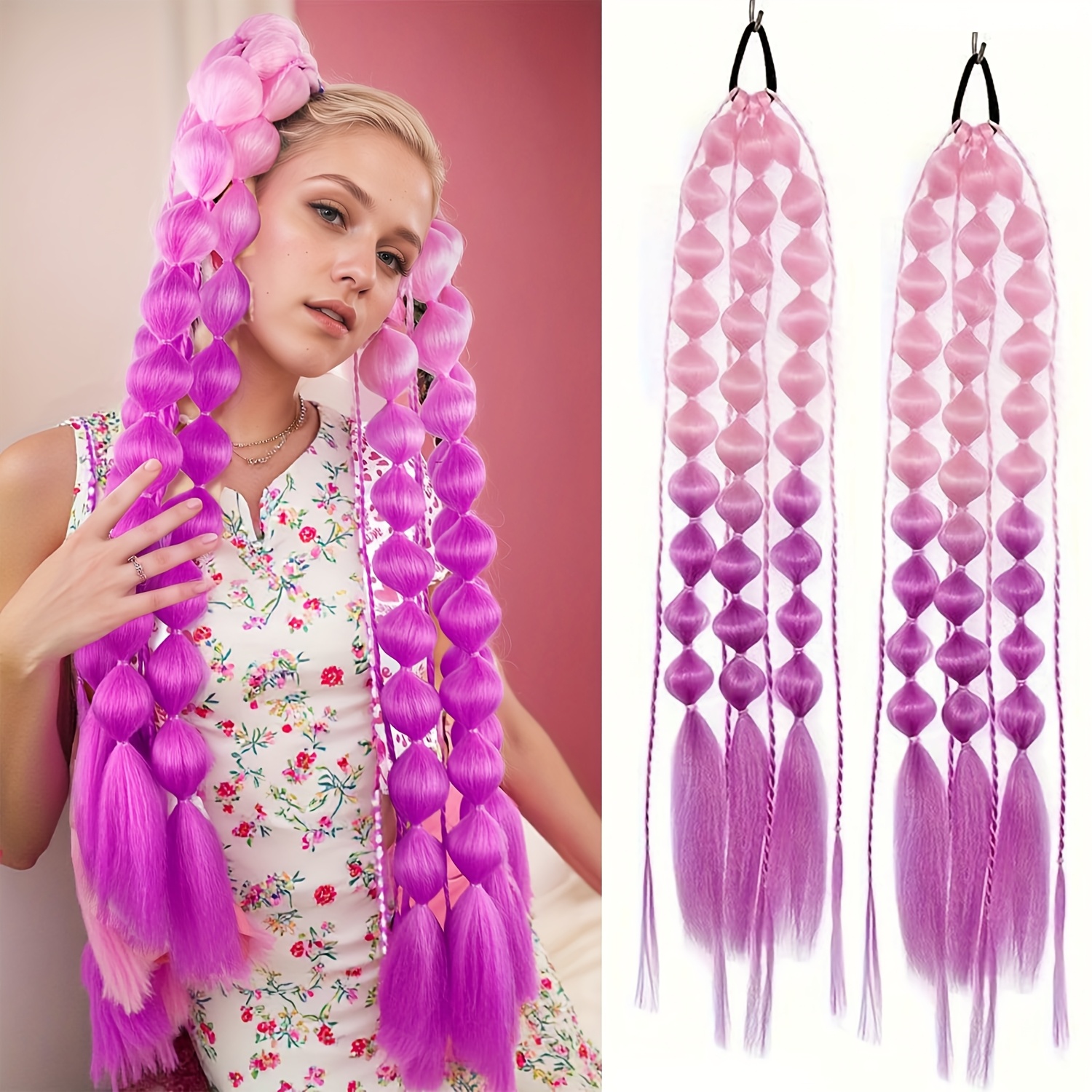 TEMU 2pcs Bubble Ponytail Extensions 24 Inch Colored Hair Extensions With Hair Tie Colorful Bubble Ponytail Hair Extensions For Girls Festival