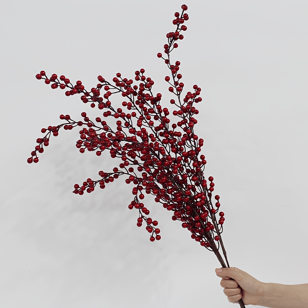 TEMU 4pcs Artificielles Rouges et Branches, Branches de Houx Style Nordique, Rouges en Plastique Réalistes, Convient pour la Décoration Intérieure du