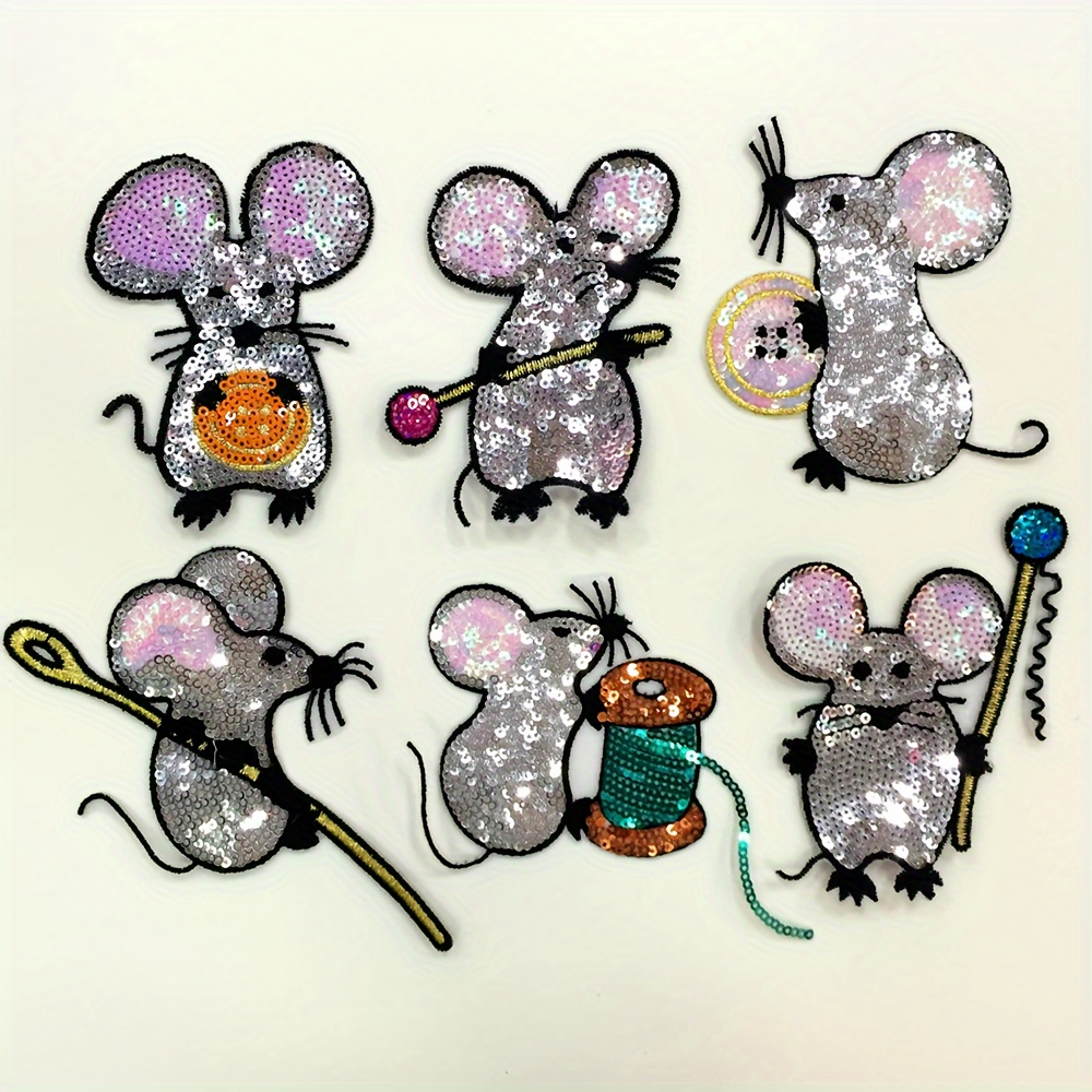6 Mixed Sequined Mouse Fabric Patches For Clothing, Bags, Home Decoration, And Repair