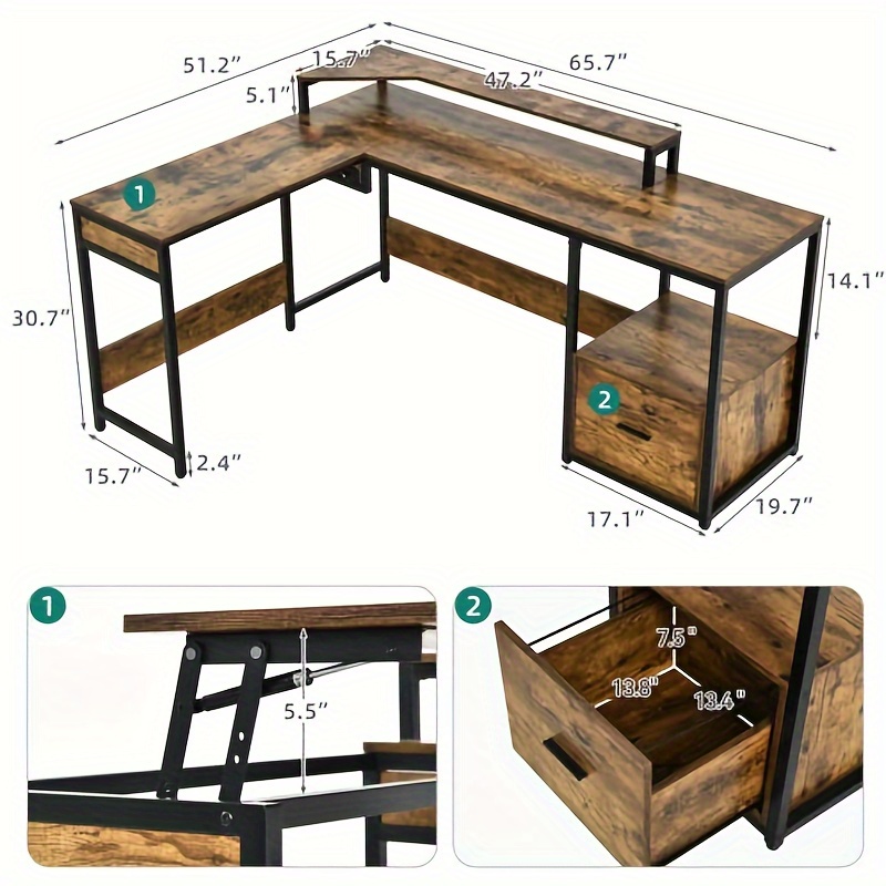 

Quoyad L Shaped Desk With File Drawer, 65" Large Computer Desk With Lift Top, Standing Desk Height Adjustable With Monitor Stand & Storage Shelves For Home Office, Rustic Brown