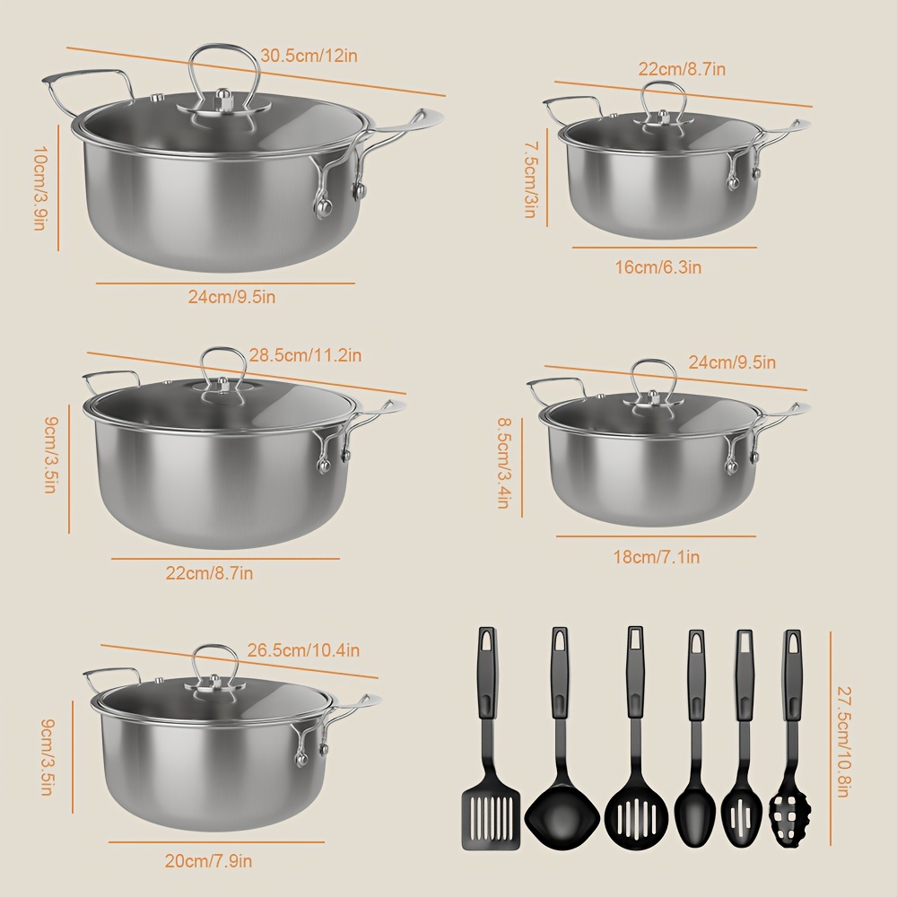 TEMU 16pcs Stainless Steel Cookware Set. Includes Pots, Pans, And Spoons. Features A Glass Lid And Steam Vent. Scratch-resistant, Suitable For Home,