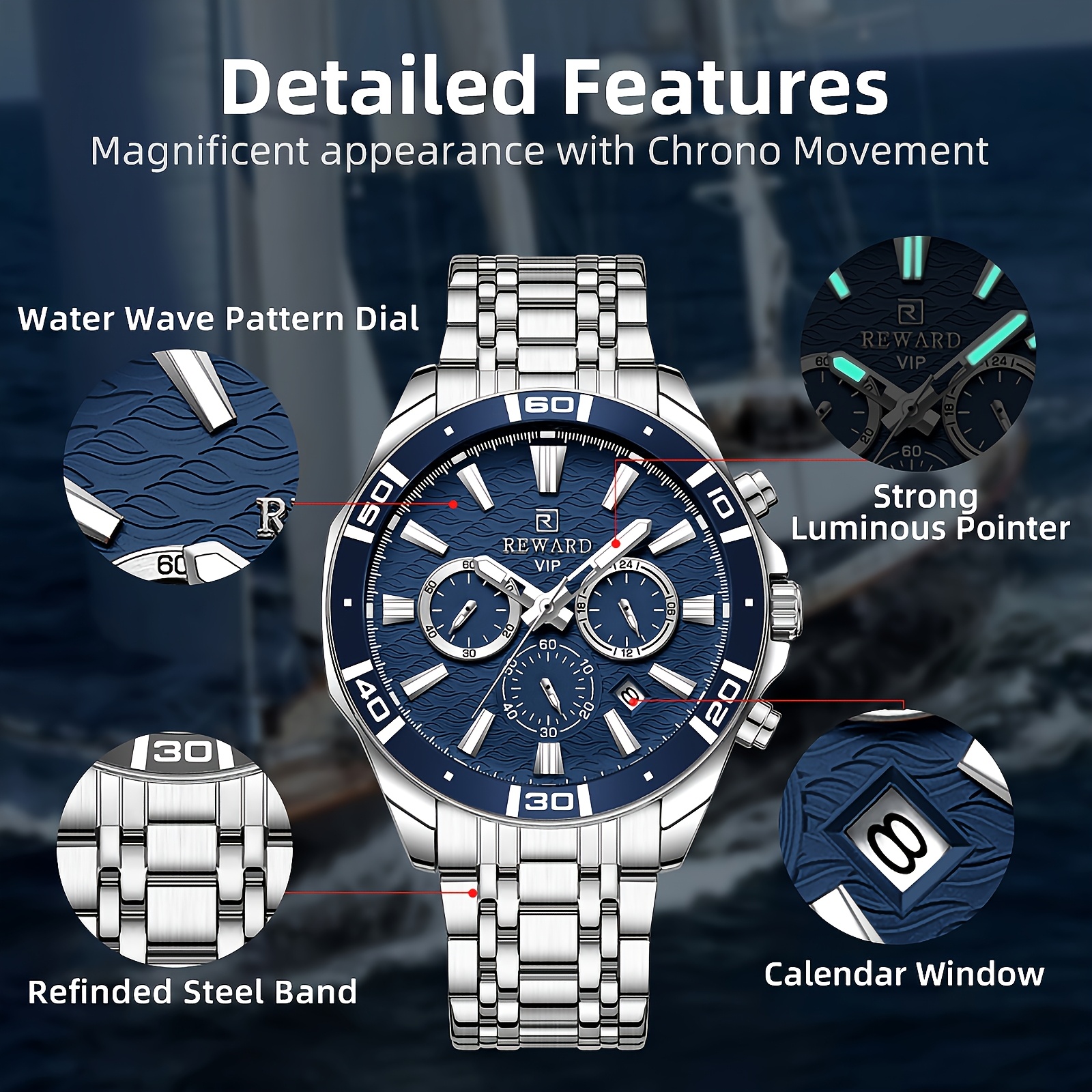 reward vip mens quartz wristwatch   with sequins round   alloy case stainless steel strap chronograph date 24 hours display luminous battery powered non rechargeable   watch details 1