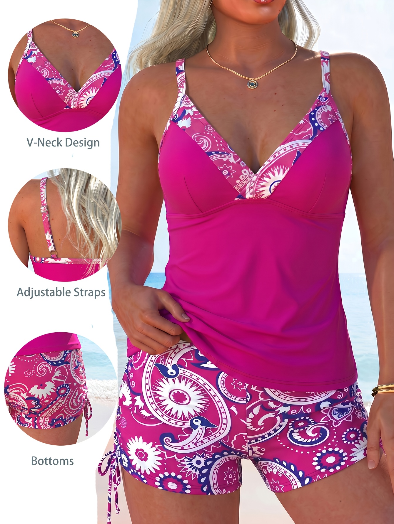 Pistachio Flower Split Square V-Neck Twist Tankini Style Swimwear
