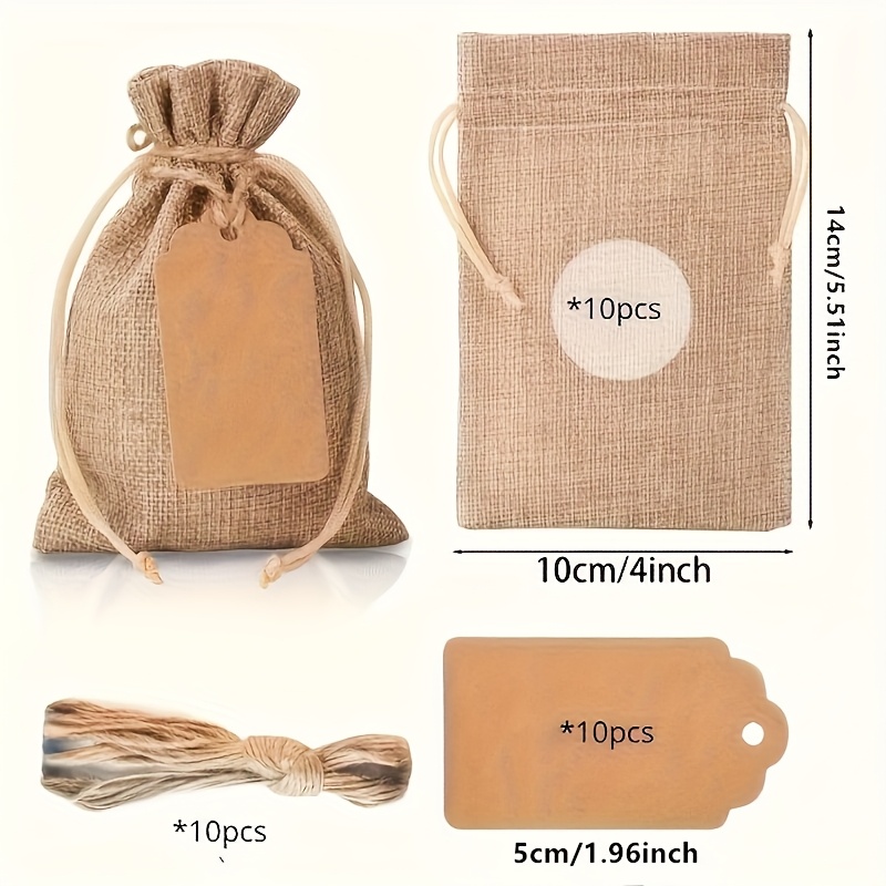 E-shop 30 Stück/10 Sets, Premium Jute Geschenktüten mit Kordelzug und Geschenkanhänger, 4X6 Zoll Wiederverwendbare Geschenktüten, Jutebeutel, Leinen