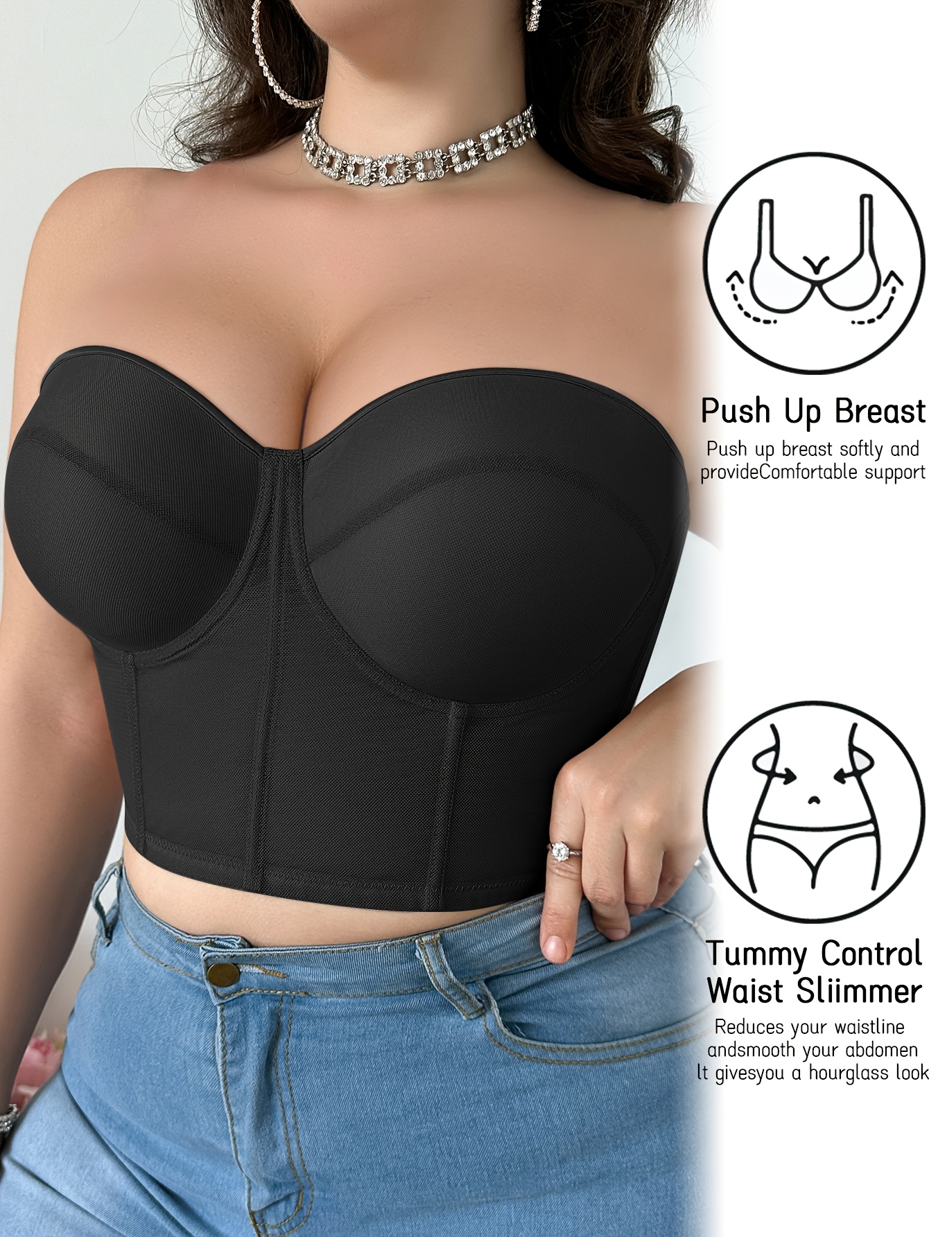 Plus Size Women's Underwire Push-Up Strapless Bra - Adjustable Thin Cup Shaping Camisole with Breathable Support, Tummy Control & Waist Slimmer for Everyday Elegant Fit, Strapless Push Up Bra, Underwire Support, Durable Underwire