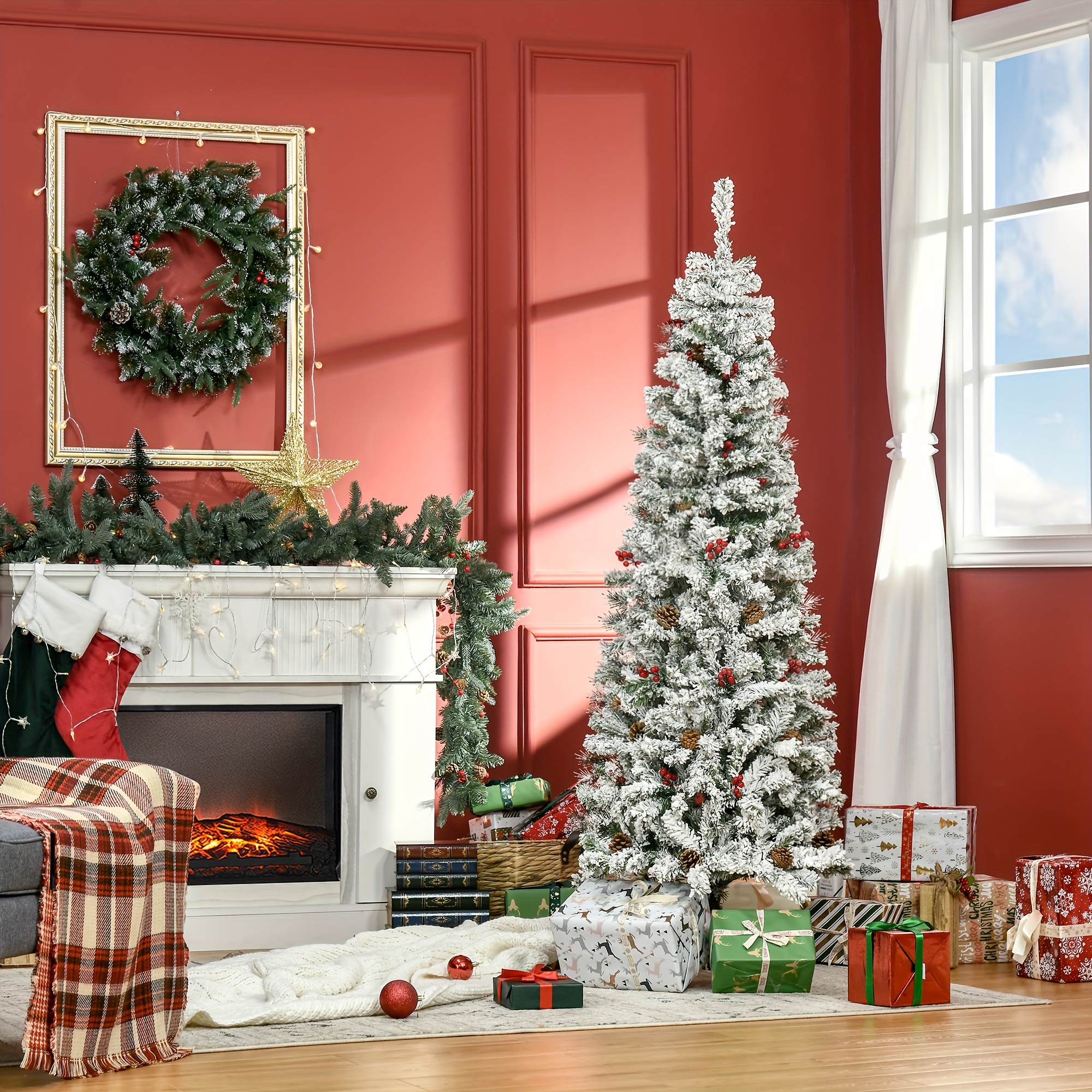 Sapin De Noël Artificiel Neige 1,8 M Avec Pommes De Pin - 880 Branches Floquées, Support Métal, Facile à Assembler