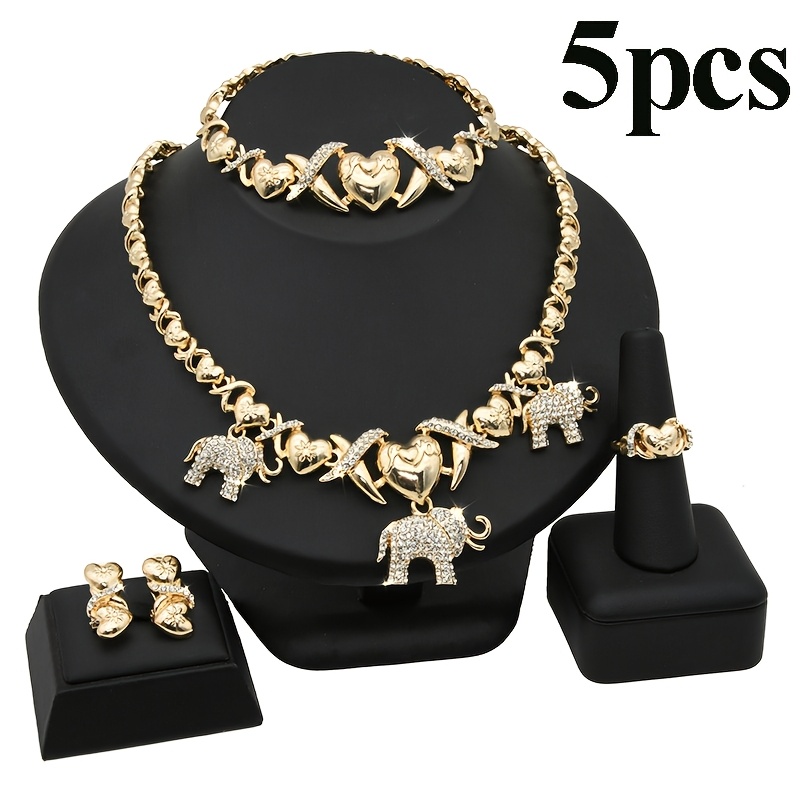 TEMU [5pcs Luxury Elephant & Heart Jewelry Set] 5pcs Jewelry Set For Women, Elephant & Heart Motif, Synthetic Cubic Synthetic Zirconia, Copper Alloy,